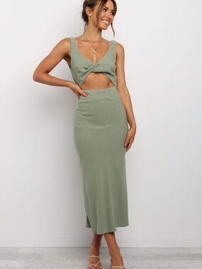 Petal & Pup Olive Green Twist Front Cutout Midi Dress